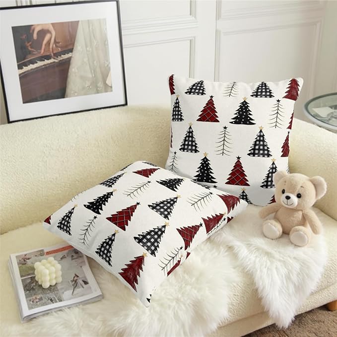 Buffalo Plaid Christmas Tree Pillow Covers 24x24 Set of 2 Red Black and White Xmas Decorative Outdoor Throw Pillow Cases Seasonal Farmhouse Cushion Case Winter Holiday Decor for Sofa Couch