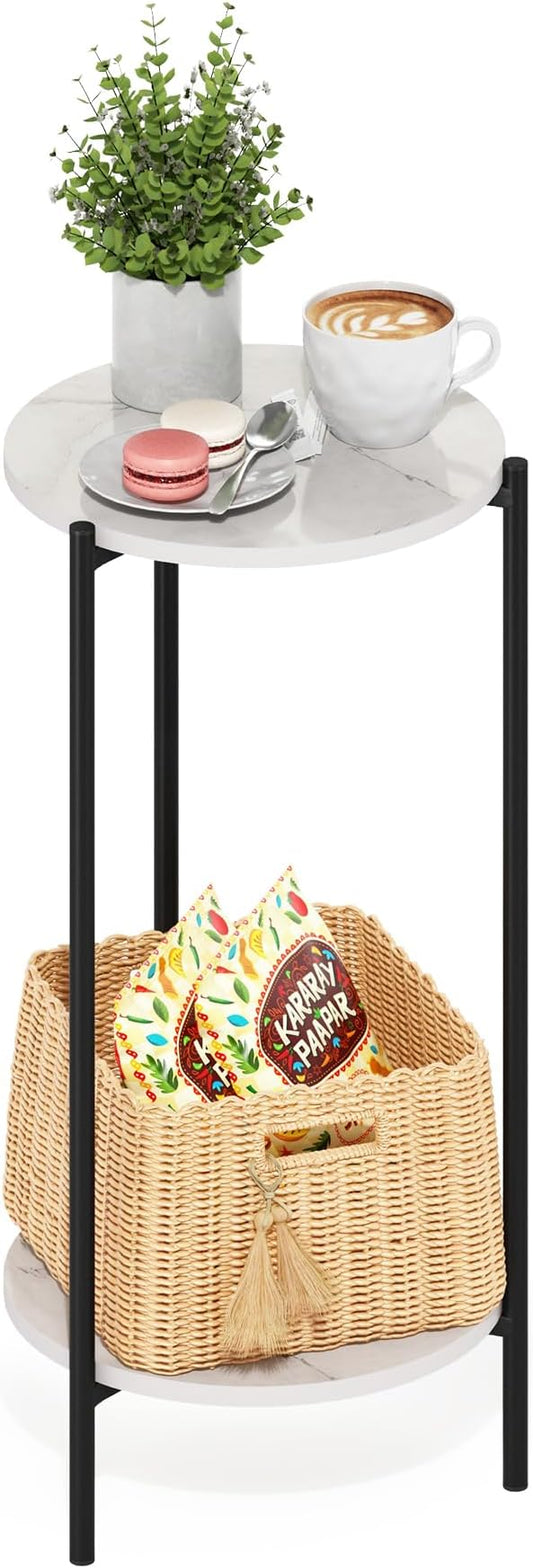 Furinno Besi 2-Tier Modern Tall Round Side End Table with Sturdy Metal Legs, 11.57 (W) x 8.16 (H) x 4.36 (D) inches, Marble White