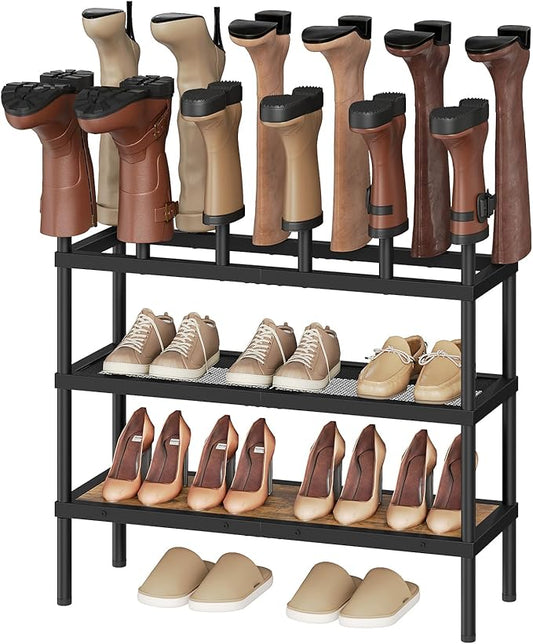 Free Standing Shoe Rack, 4 Tier Boots Rack Organizer, Tall Boots Rack for Closet, Cowboy Boot Storage, Holds 14 Pairs, Black and Rustic Brown SS29BR