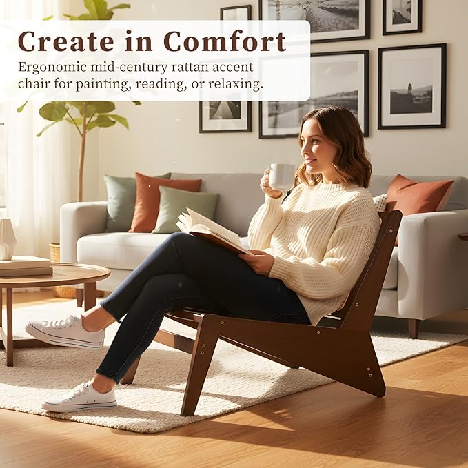 Rattan Chair 2Pcs, Mid-Century Accent Chair, Rattan Lounge Chair for Living Room, Boho Side Corner Comfy Chair for Bedroom and Balcony, Walnut