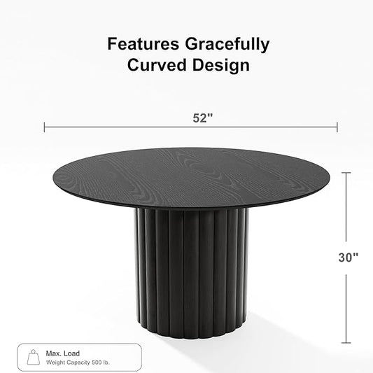 Casaphoria 52" Round Dining Table, Modern Wood Kitchen Table with Wide Column Pedestal Base for Living Room & Dining Room, Easy Assembly Farmhouse Furniture for 4-6, Black