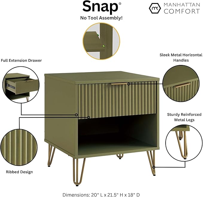 Manhattan Comfort Dumbo Modern Nightstand 1.0 with 1 Drawer and Metal Feet | Splayed Gold Legs | Vertical Ribbed Design | No Tool Assembly Storage for Bedroom & Living Room, Set of 2, Olive Green