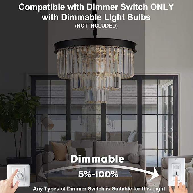 Black Crystal Chandeliers Modern Round Chandeliers 20" Dimmable 9 Lights Ceiling Pendant Light Fixtures 3 Tiers Luxury Raindrop for Living Room Dining Room Bedroom Foyer