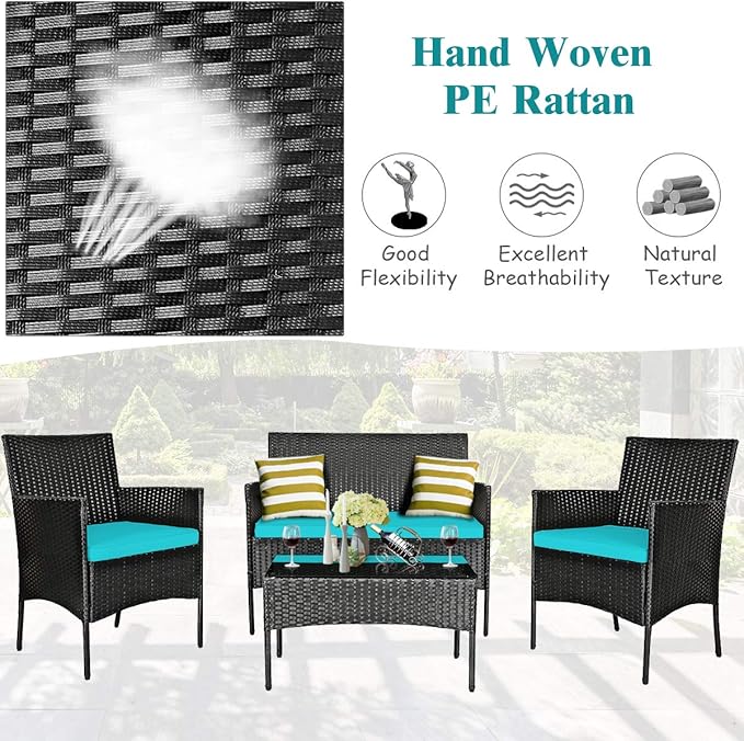 Tangkula 4 Piece Patio Furniture Set, Outdoor Wicker Conversation Set with Tempered Glass Coffee Table, Rattan Loveseat & Chairs Set with Seat Cushions for Backyard, Garden, Poolside (1, Turquoise)