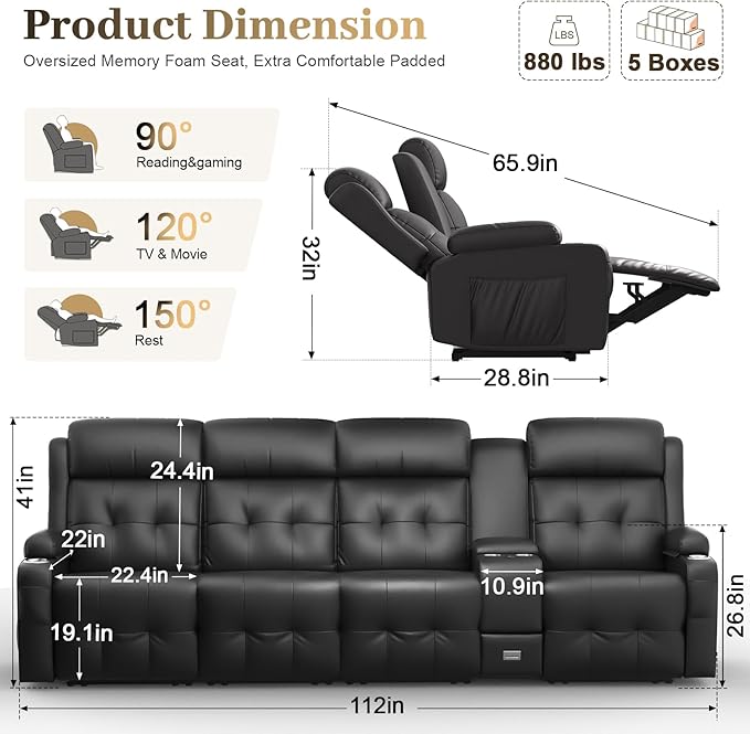 Recliner Sofa, Massage Reclining Sofa 4 Seater Sets Heavy Weight Capacity, RV Loveseat Couch Clearance with Console, USB, Type C Port, Storage, Cup Holders, Wall Hugger Chair for Living Room