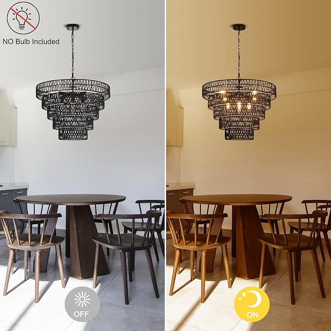 25.6” Black Hand-Woven Rattan Chandelier Vintage Farmhouse 8-Lights Boho Large Bamboo Chandelier Light Fixture Retro 5-Tier Drum Wicker Chandeliers for Dining Room, Kitchen, Bedroom, E12