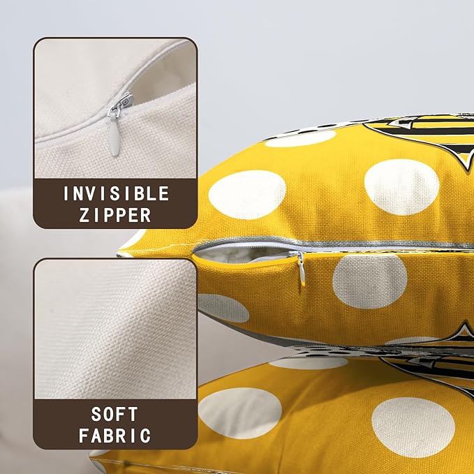 Bee Pillow Covers 22x22 Inch Spring Summer Bumblebee Farmhouse Decorative Pillowcase Set of 2 Yellow White Polka Dots Outdoor Pillows Cases Soft Linen Cushion Cover for Home Couch Sofa
