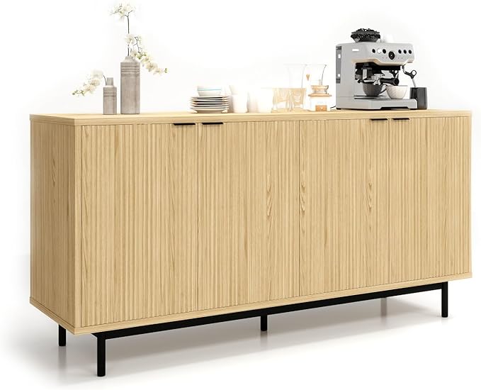 MUUEGM Buffet Cabinet with Storage, 58" Fluted Sideboard Kitchen Storage Cabinets with Shelves and 4 Doors, Modern Wood buffets & Sideboards for Dinging Room, Living Room, Natural Storage Cabinet
