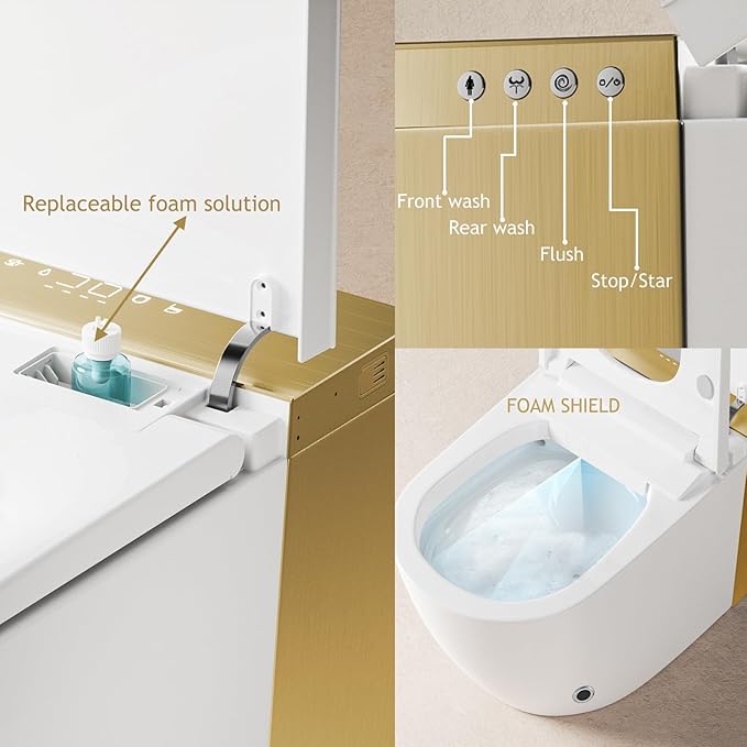 BONSAM Smart Toilet with Auto Open/Close Lid, Modern Tankless Toilet with Bidet Built In, One Piece Toilet with Auto Deodorization, Foot Sensor Operation, Remote Control (White&Gold, White&Gold)
