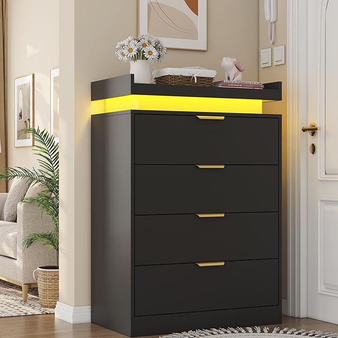 Black Dresser with LED Lights and Power Outlet, Wooden 4 Drawer Dresser Tall Dresser for Bedroom, Modern Chest of Drawers Closet Organizer for Bedroom, Entryway, Hallway