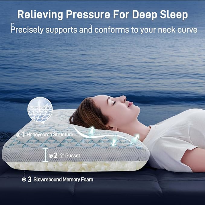Lyralith Shredded Memory Foam Cooling Soft Bamboo Viscose Pillows Queen Size Set of 2, Adjustable Hypoallergenic Hotel Quality Bed Pillows for Back, Stomach and Side Sleeper, Oeko-TEX Certified