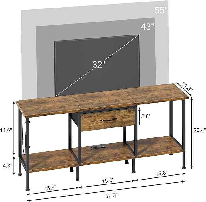 GYIIYUO LED TV Stand with Power Outlet and Fabric Drawer for 55 50 45 Inches TV - Entertainment Center and Industrial TV Console Table for Living Room, Bedroom- 47" Rustic Brown
