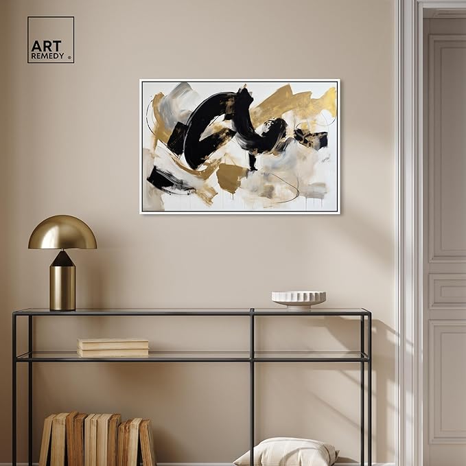 Art Remedy Moved Abstraction Canvas Modern Black White Abstract Wall Art, White Frame, 30" x 20"