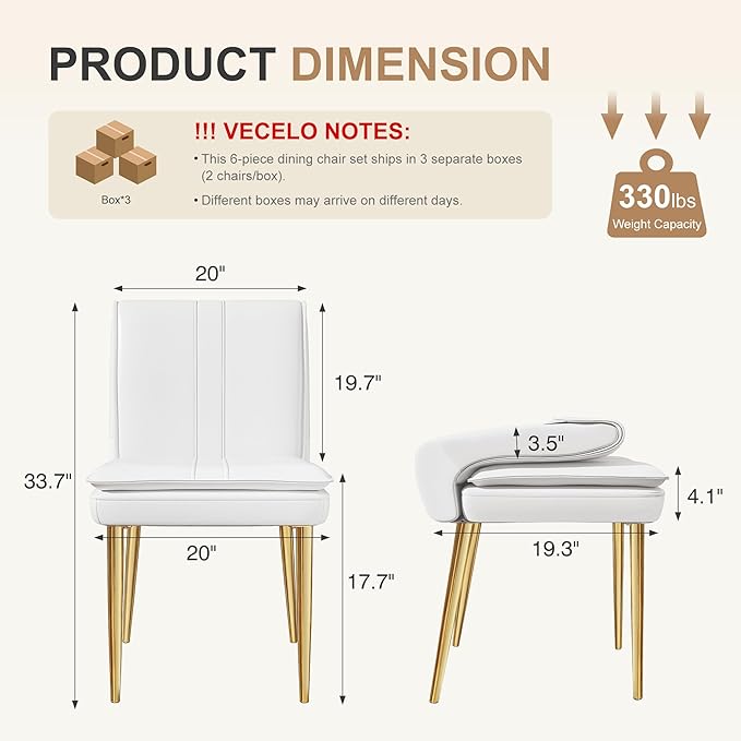 VECELO Upholstered PU Dining Chairs Set of 6, Kitchen Chairs with Padded Seat for Living Room, Dining Room, High Back and Steel Legs, Easy Assembly, White