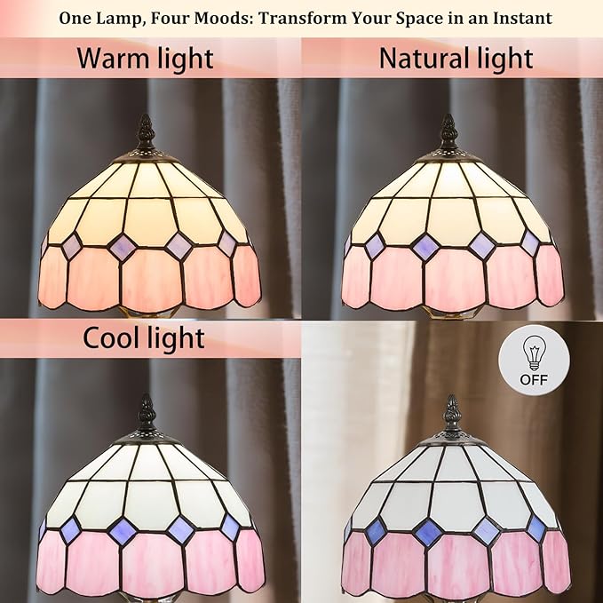 Table Lamp Tiffany-Style 8 Inch Mediterranean Series Stained Glass Lampshades Small Bedside Lamp Reading Antique Desk Light Livingroom Bedroom Office Vintage Art De(Color:Pink)