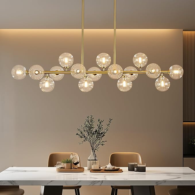 55" Long Brass Gold Chandeliers for Dining Room Kitchen Island, Large Globe Sputnik Linear Chandelier, 16 Lights Mid Century Modern Light Fixture Over Table, Clear Bubble, GC-08