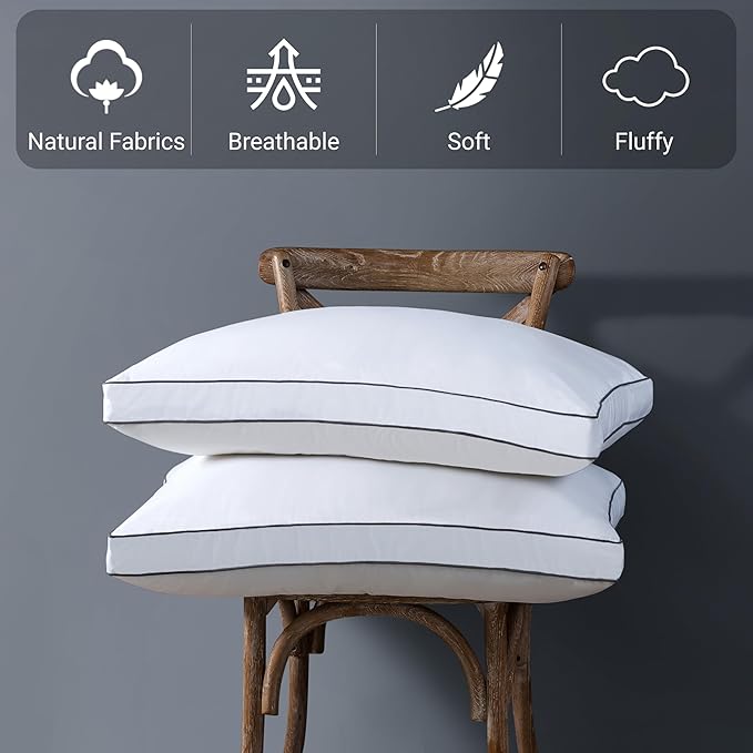ELNIDO QUEEN Goose Feather Down Fiber Pillows King Size Set of 2，Luxury Hotel Collection Bed Pillows for Sleeping， Down Surrounded Pillows 2 Pack, Soft ＆ Fluffy for Side, Back Sleepers 20x36 in