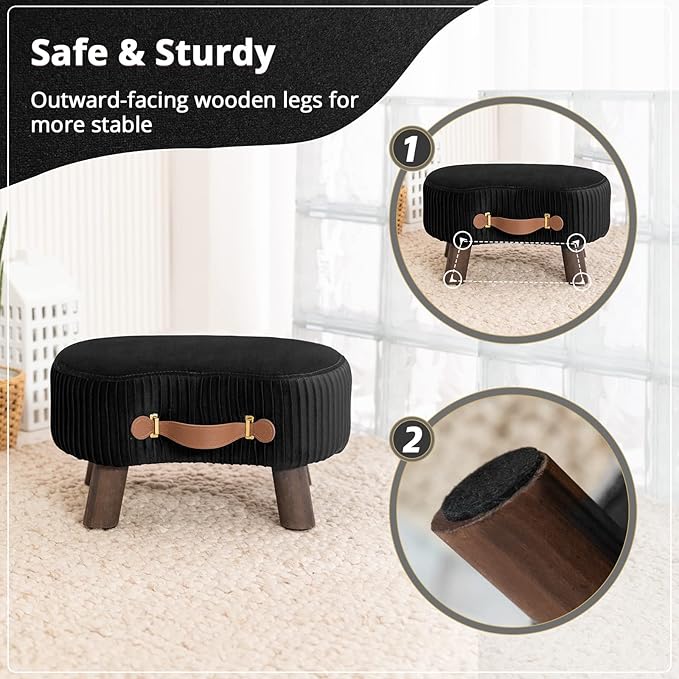 LUE BONA Small Curved Foot Stool with Handle, Black Velvet Footstool and Ottomans, Modern Foot Rest with Wooden Legs, Step Stool with Padded Seat for Couch, Living Room