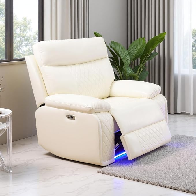 Power Leather Recliner Sofa Chair, Living Room Furniture Sets, Breathing Leather Reclining Couch Chair, Single Recliner with Padded Arm/Charging Port/LED for Home Theater/Office, Cream White