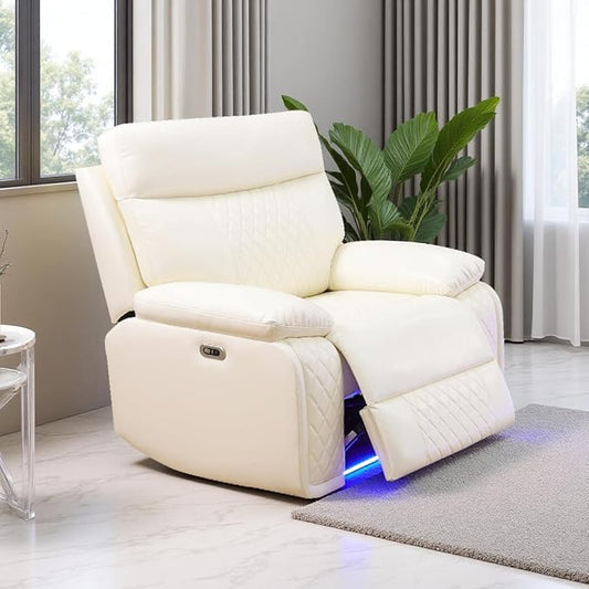 Power Leather Recliner Sofa Chair, Living Room Furniture Sets, Breathing Leather Reclining Couch Chair, Single Recliner with Padded Arm/Charging Port/LED for Home Theater/Office, Cream White