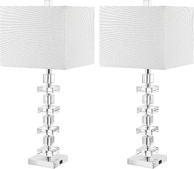 SAFAVIEH Lighting Collection Deco Clear/Chrome Crystal 29-inch Table Lamp Set of 2 with USB Charging Port (LED Bulbs Included)