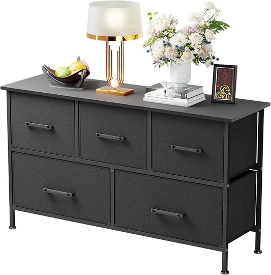 FDW 5 Fabric Drawers Dresser for Bedroom,Chest Organizer Units with Steel Frame and Wooden Top for Bedroom,Closet,Living Room, Entryway,Black
