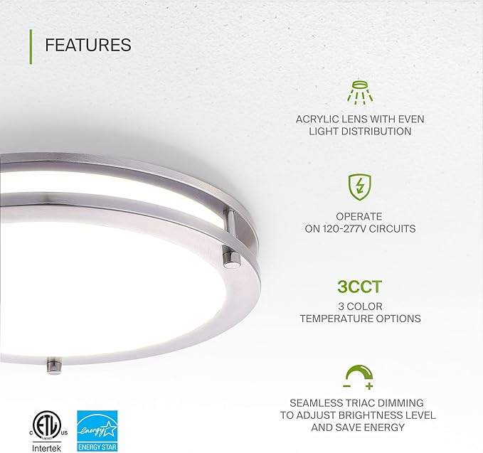 ASD LED 18" Round Flush Mount Lighting, Close to Ceiling Light Fixture | 3CCT, Dimmable, Energy Star, ETL Listed | 28W 2744LM 3000-5000K 100-277V | Low Profile Double Ring Lamp | Nickel, 4 Pack
