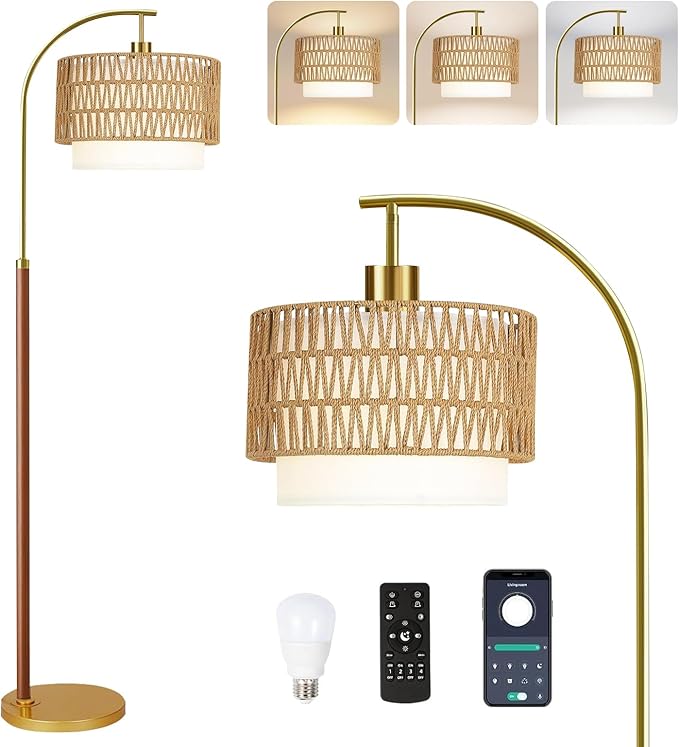 Boho Floor Lamps for Living Room Wood Floor Lamp with Remote Control,Dimmable Rattan Floor Lamps Wicker Lamp Shades Black Standing Lamp with 3 Color Temperature Tall Floor Lamp For Bedroom Corner