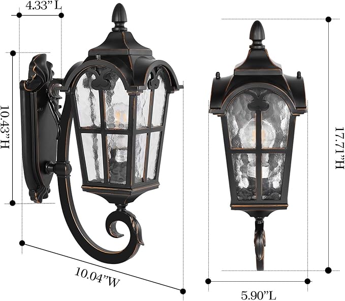 PARTPHONER Outdoor Wall Light Fixtures Black Roman 17.71" H Exterior Wall Lantern Waterproof Sconce Porch Lights Wall Mount with Water Glass Shade for House