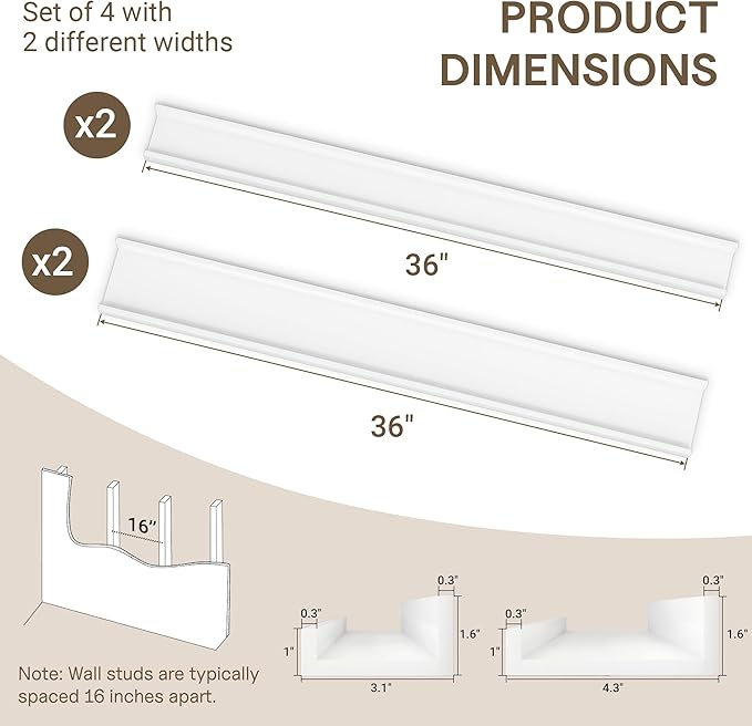 Fun Memories 36 Inch Floating Shelves for Wall - Wall Shelves with Lip Set of 4 - Nursery Bookshelf for Storage - Picture Ledge Shelf for Bedroom - Living Room - Kitchen - White Color