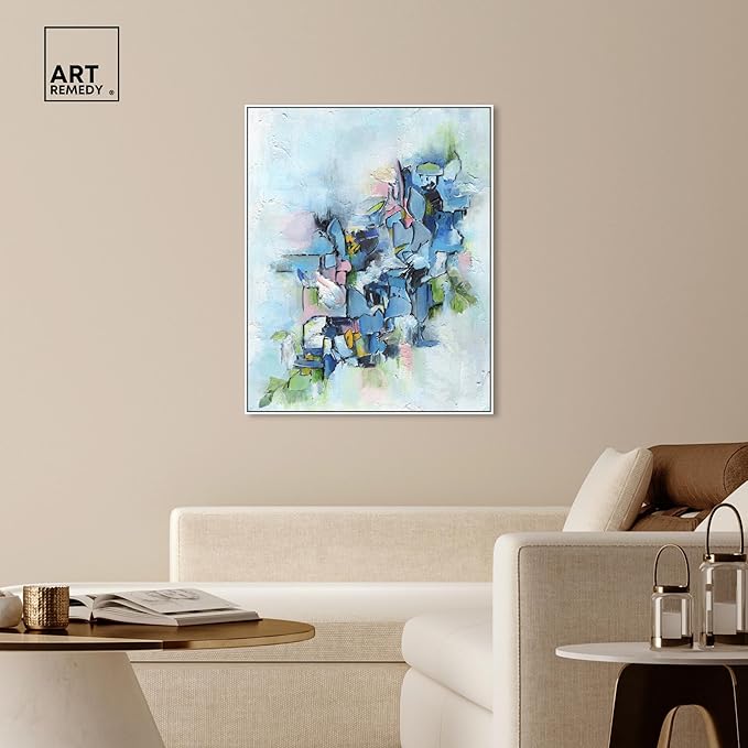 Art Remedy Poesy Canvas Modern Blue Abstract Wall Art, White Frame, 36" x 45"