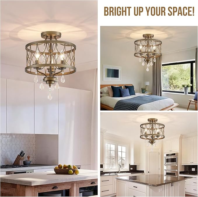 Farmhouse Crystal Ceiling Light Fixture, 3-Light Semi Flush Mount Crystal Chandelier Light Fixture Rustic Vintage Bronze Pendant Ceiling Lamp for Hallway Corridor Kitchen Entryway Bedroom Living Room