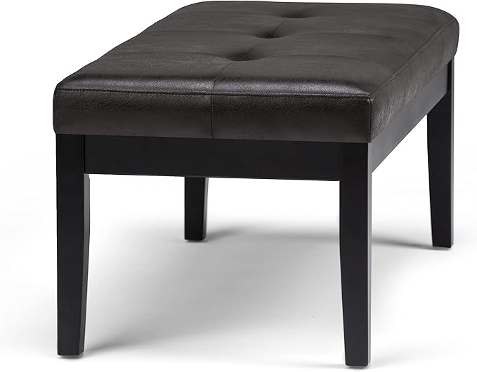 SIMPLIHOME Lacey Tufted Ottoman Bench - 41 inch Wide Upholstered Vegan Leather Rectangle Ottoman in Distressed Black, Contemporary Bench for Bedroom or Entryway with Stitching Detail, Assembled