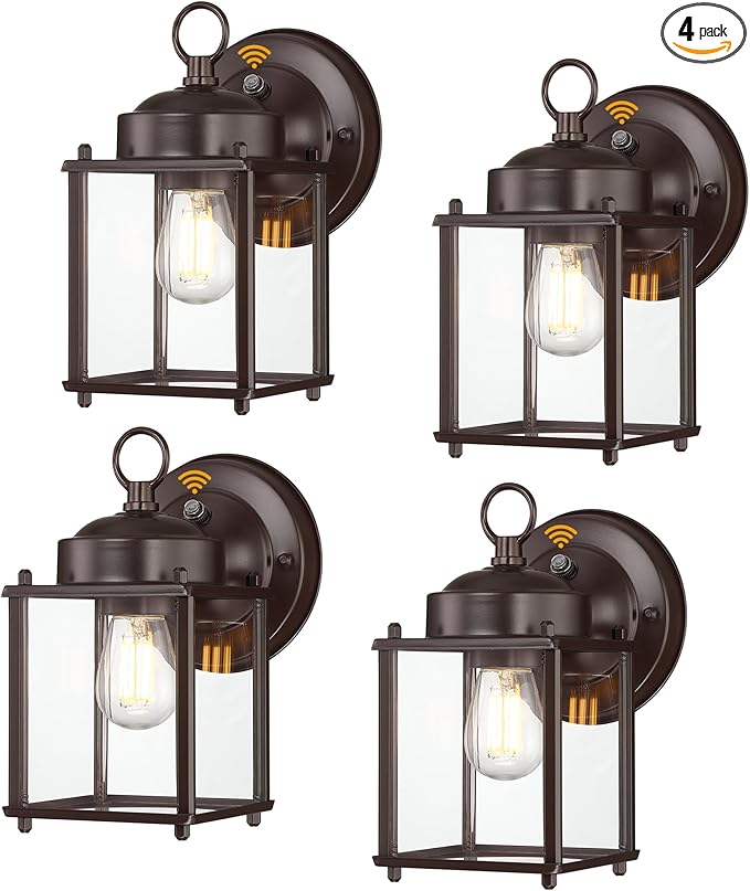 Dusk to Dawn Outdoor Wall Lantern, Modern Exterior Light Fixtures Wall Mount, Waterproof Front Door Wall Lighting with Clear Glass, Bronze Outdoor Wall Lights for House, Garage, 4-Pack