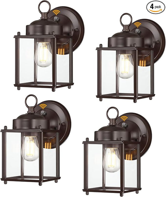 Dusk to Dawn Outdoor Wall Lantern, Modern Exterior Light Fixtures Wall Mount, Waterproof Front Door Wall Lighting with Clear Glass, Bronze Outdoor Wall Lights for House, Garage, 4-Pack
