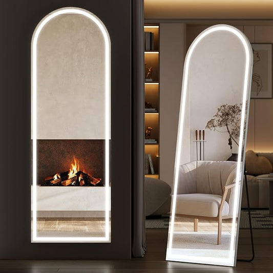 Sweetcrispy Arched Full Length Mirror with LED Lights, 63"x21" Lighted Floor Mirror with Dimming & 3 Color Lighting, Stand for Bedroom, Dressing Room