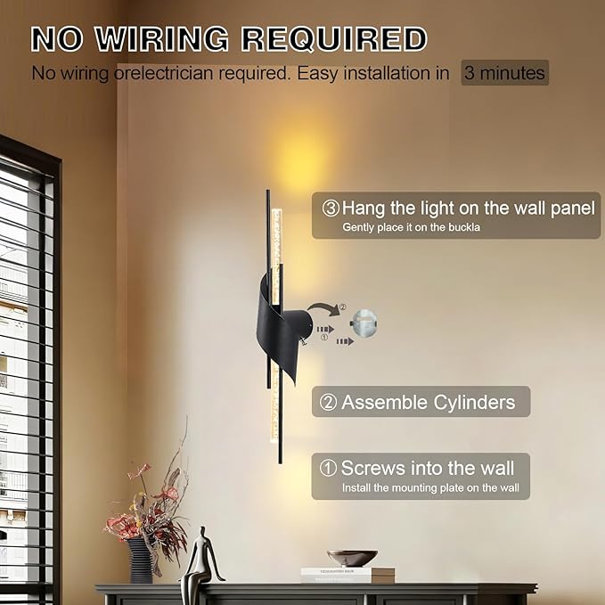 camuucci Battery Operated Black Wall Sconces Set of Two,Modern Wireless Wall Lights,LED Rechargeable 12000mAh Not Hardwired Remote Control Dimmable Wall Lamp Fixtures for Bedroom (Black, 25 Inches)