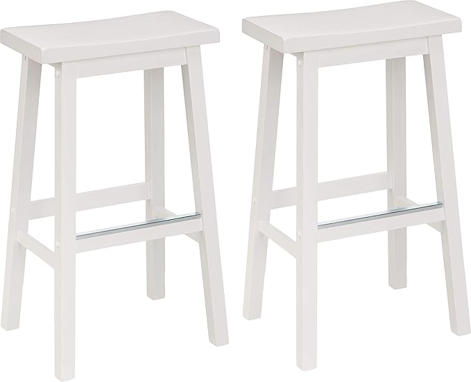 Amazon Basics Solid Wood Saddle-Seat Counter Height Bar Stools for Kitchen Island and Home Bar with Footrest, 29-Inch Height, White, Set of 2