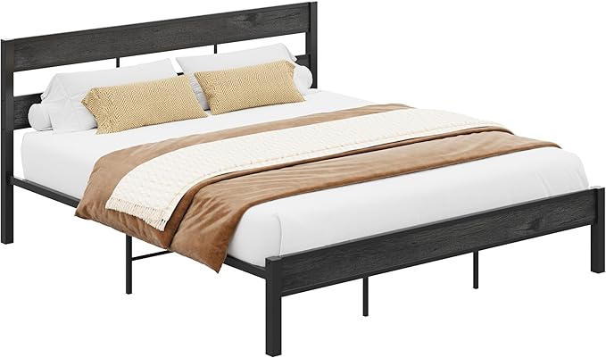 LIKIMIO California King Bed Frame with Headboard, Easy Assembly, Noise-Free, No Box Spring Needed, Heavy Strong Metal Support Frames, Charcoal Grey