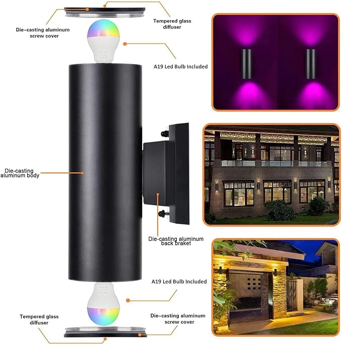 Up Down Outdoor Lights,Remote Control RGB Color Changing RGBCCT Sconces Wall Lighting Exterior Light Fixture - 2 Light Bulbs A19 Included,Outdoor Lights for House, Porch, Patio and Garage (3 PACK)
