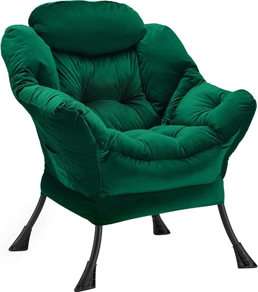 Lazy Chair Thick Padded, Comfy Velvet Accent Lounge Chair with Stable Frame, Leisure Sofa Armchair with Armrests and Side Pocket, Reading Chair for Bedroom, Living Room, Office, Green