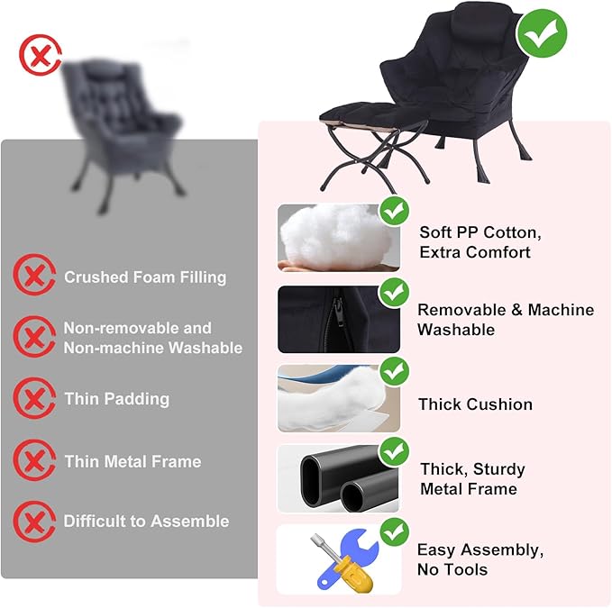 Lazy Chair with Ottoman, Modern Chair with Folding Footrest, Velvet Black Accent Chair, Comfortable Reading Chair, Oversized Armchairs for Bedroom, Study, Living Room, Courtyard