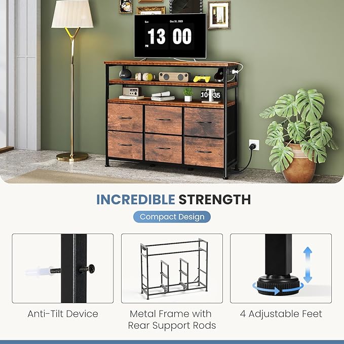DUMOS TV Stand for Up to 45 inch TV, Wood Top TV Media Console Table with 6 Fabric Drawers, 2 Shelves, Entertainment Center with LED Lights & Charging Station for Living Room, Hallway, Brown