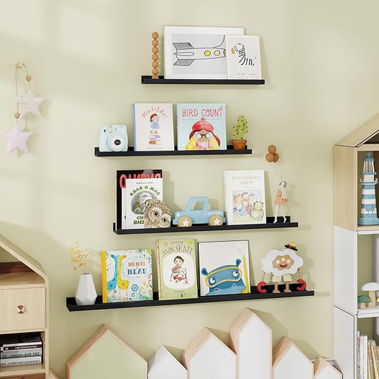 Fun Memories Picture Ledge Shelves Set of 4-48 Inch Shelves with Lip - Large Nursery Bookshelf for Storage - Floating Shelf Wall Mounted for Living Room - Bedroom -Kitchen - Black Color