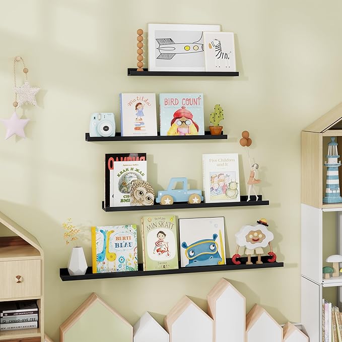 Fun Memories Long Wall Shelves Set of 2-60 Inch Floating Shelves for Wall - Picture Ledge Shelf with Lip for Storage - Wall - Mounted Shelves for Bedroom - Living Room - Kitchen - Black Color
