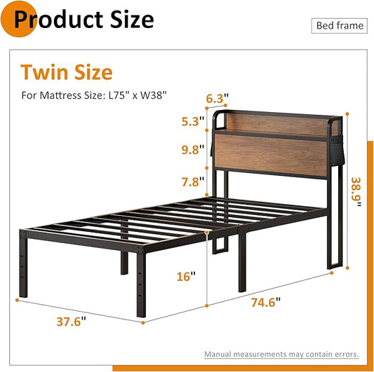 16 Inch Twin Bed Frames with Wood Headboard, Storage Bed Frame Twin No Box Spring Needed, Noise Free, Mahogany