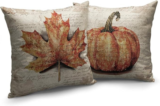 Fall Thanksgiving Decorative Pillow Covers 18x18 Set of 2 Vintage Fall Burnt Orange Pumpkin Maple Leaf Throw Pillows Rustic Farmhouse Autumn Outdoor Cushion Case for Couch Sofa