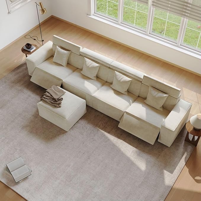 145" Power Sofa,Modular Sectional Couches for Living Room,Modern Large Sofa with Recliners,Comfy Velvet Cloud Couch with Deep Seat with 1 Ottoman,Pet Friendly,Free Combination for Home(Beige)