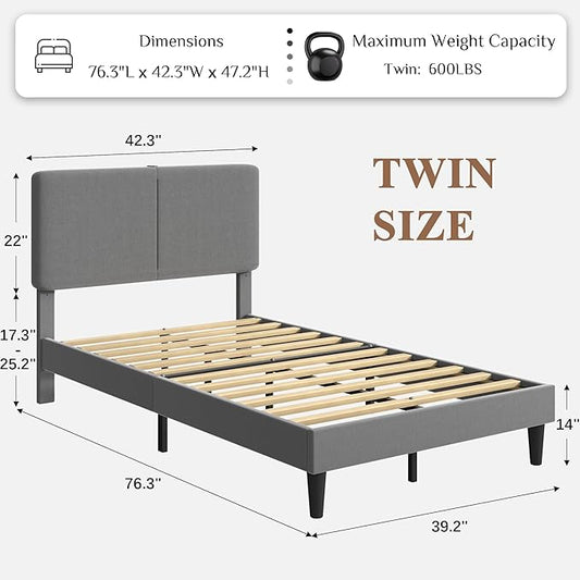 VECELO Twin Bed Frame with Type-C & USB Ports, Upholstered Platform Height-Adjustable Cotton and Linen Headboard,No Box Spring Needed, Noise-Free, Easy Assembly, Dark Grey