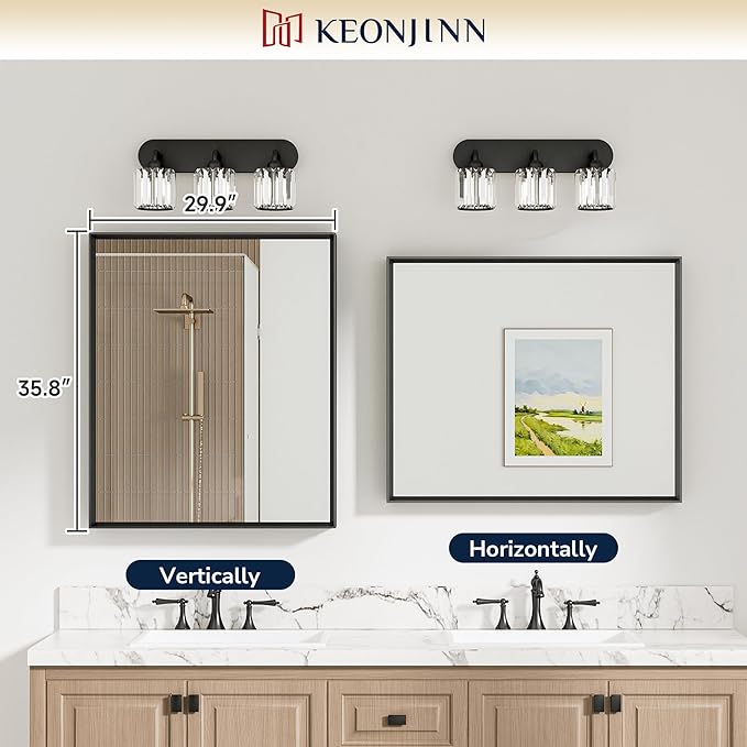 Keonjinn 30 x 36 Inch Brushed Nickel Bathroom Mirror, Beveled Rectangle Framed Mirror for Wall, Farmhouse Bathroom Vanity Mirror for Over Sink, Square Corner, Tempered Glass
